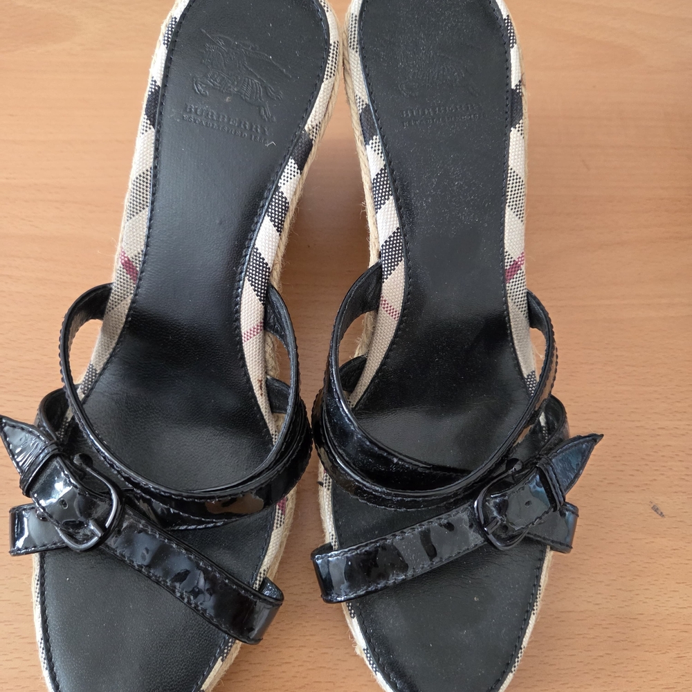 Burberry Black Patent Slide Heels with Check Trim